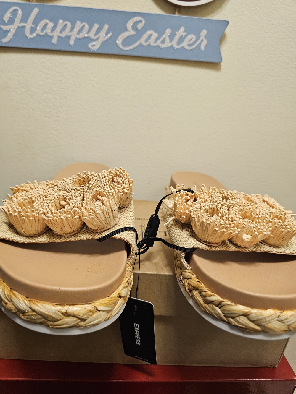 Express Beige Raffia Slide Sandals with Floral Detail.